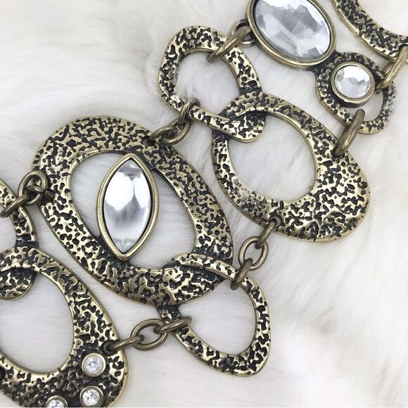 Mottled Burnished Gold Tone Ovals and Gemstone Retro Statement Chain Belt - Picture 5 of 12